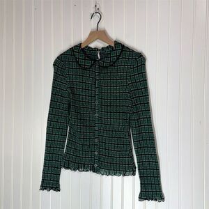NWOT Free People Green Black Check Mesh Blouse Scallop Collar Top M Button Front